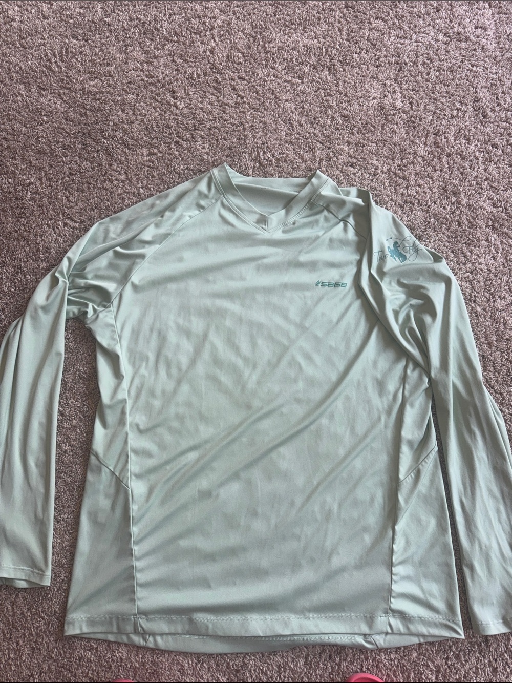 Sage Fly Fishing v neck sun shirt with two fly printed on arm size XL
